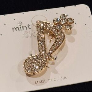NWT Mint Rhinestone Music Note & Flower Brooch Pin Clear